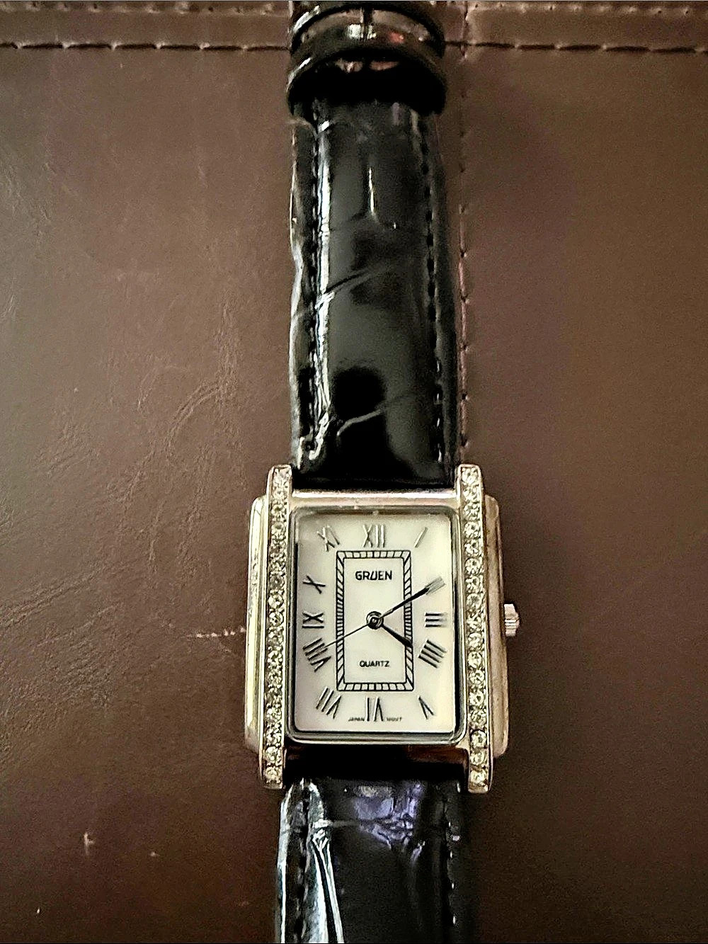 Gruen Rectangular Crystal-Accent Watch in Black & Silver